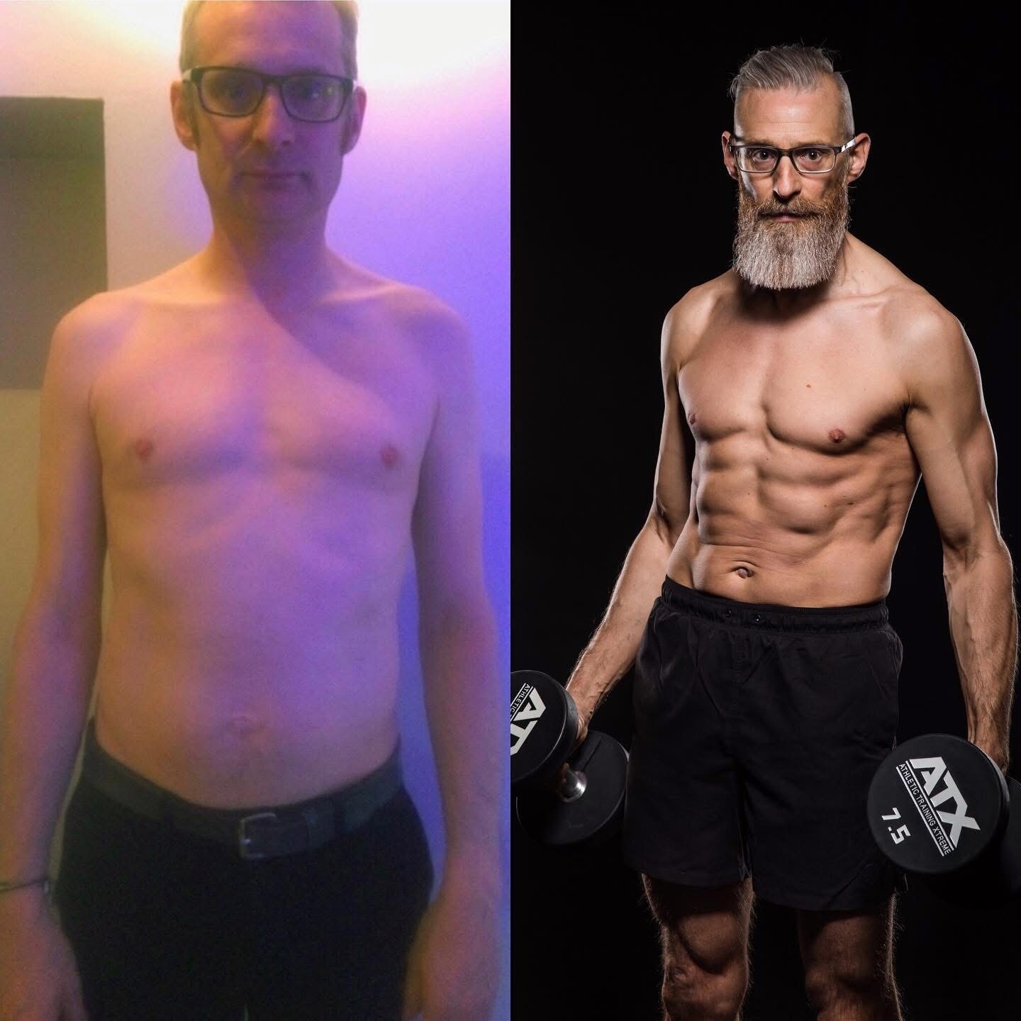 older man with beard showing muscle gains